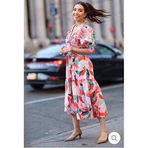 NWT JESSIE ZHAO Ramona Watermelon Tiered Midi Dress, Size 4